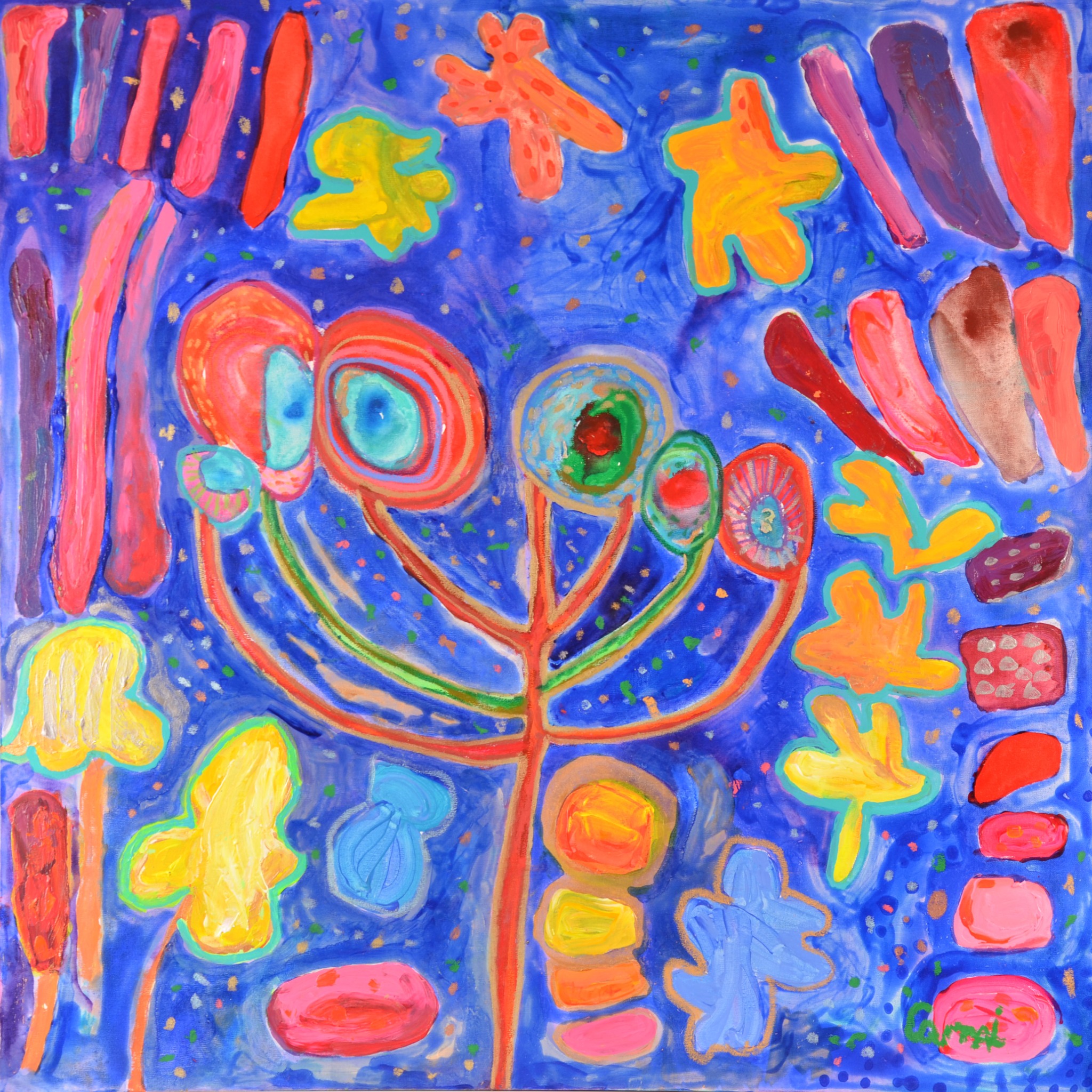 Obra de Camila Hernández con formas de flores y hojas azules, amarillas y naranjas sobre un fondo rosado.