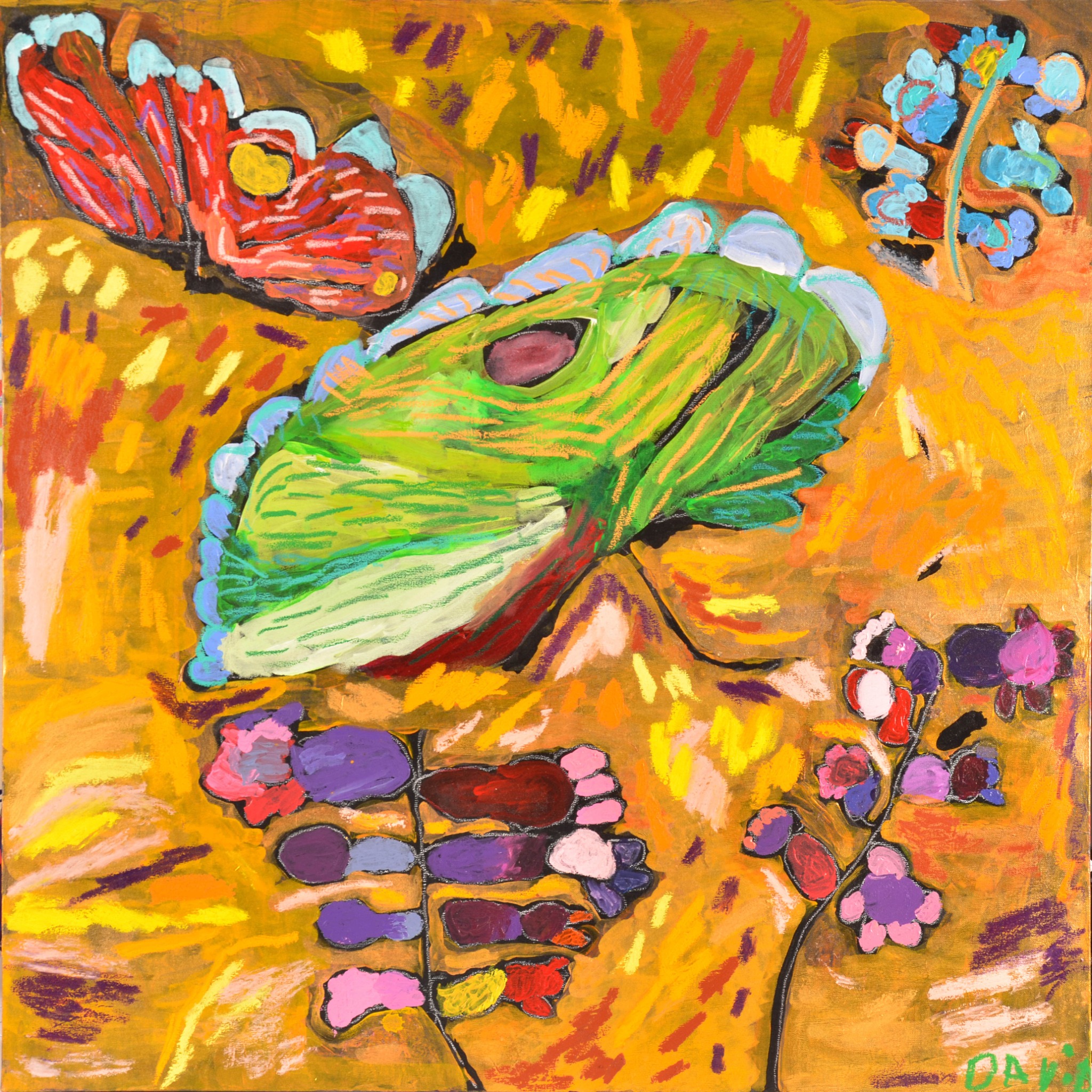 Obra de David Verdejo con formas de hojas y ramas verdes sobre un fondo amarillo, naranja y rosado.